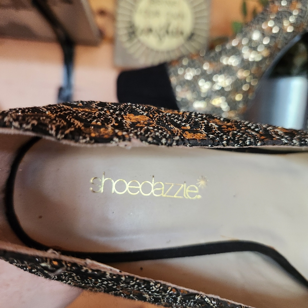 Shoedazzle Shamane Sequin Platform Heels‎ Black Gold Stiletto Suede Pumps Sz 9.5 - Picture 11 of 11